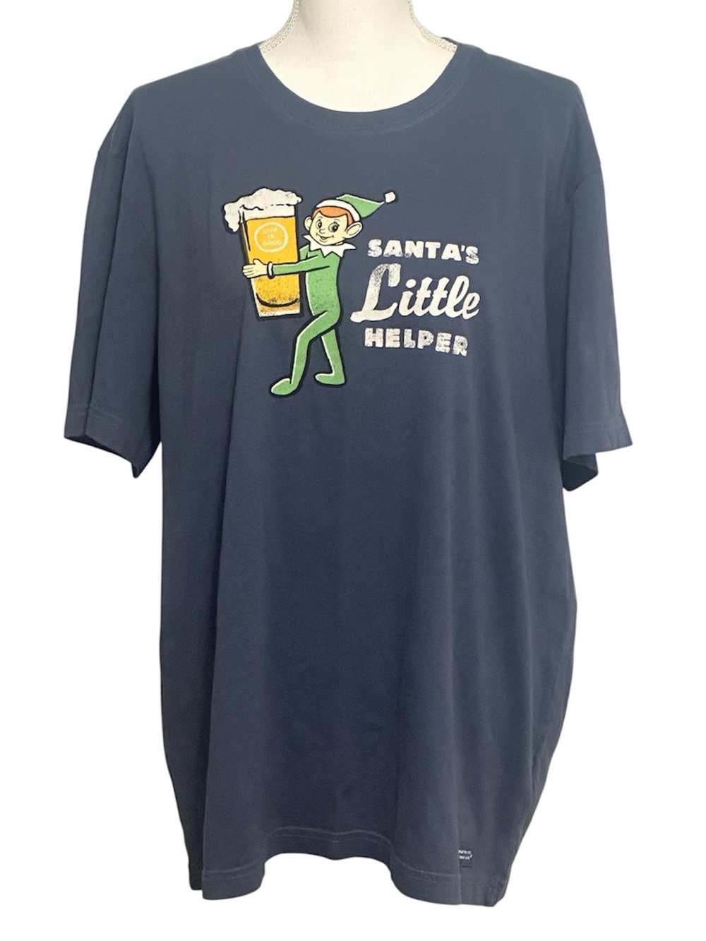 Life is Good Blue Santa Little Helper Elf with Beer T-shirt NWT